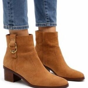 Size 8 Tory Burch Tan Suede Ankle Boots with Decorative Buckle-Women Retail 390$